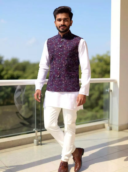 Bel Buti Patterned Purple Multi Embroidery Cotton Silk Waistcoat