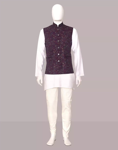 Bel Buti Patterned Purple Multi Embroidery Cotton Silk Waistcoat