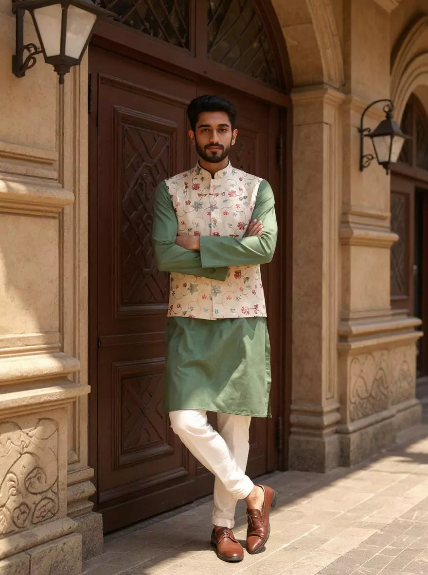 Cream Bel Buti Patterned Linen Multi Embroidery Waistcoat