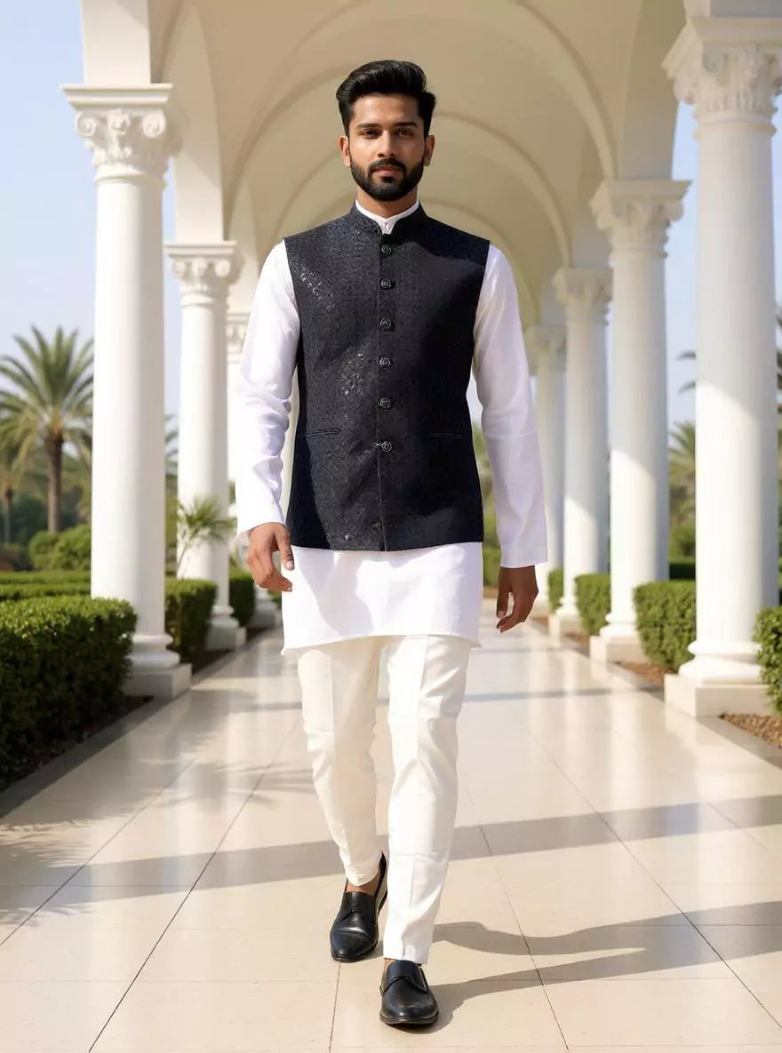 Self Design Dark Grey Embellished Cotton Silk Waistcoat
