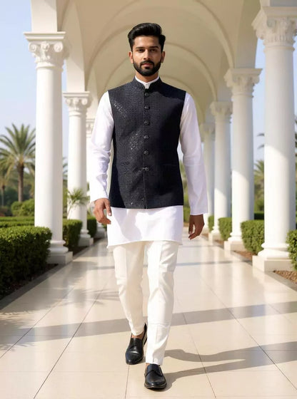 Self Design Dark Grey Embellished Cotton Silk Waistcoat