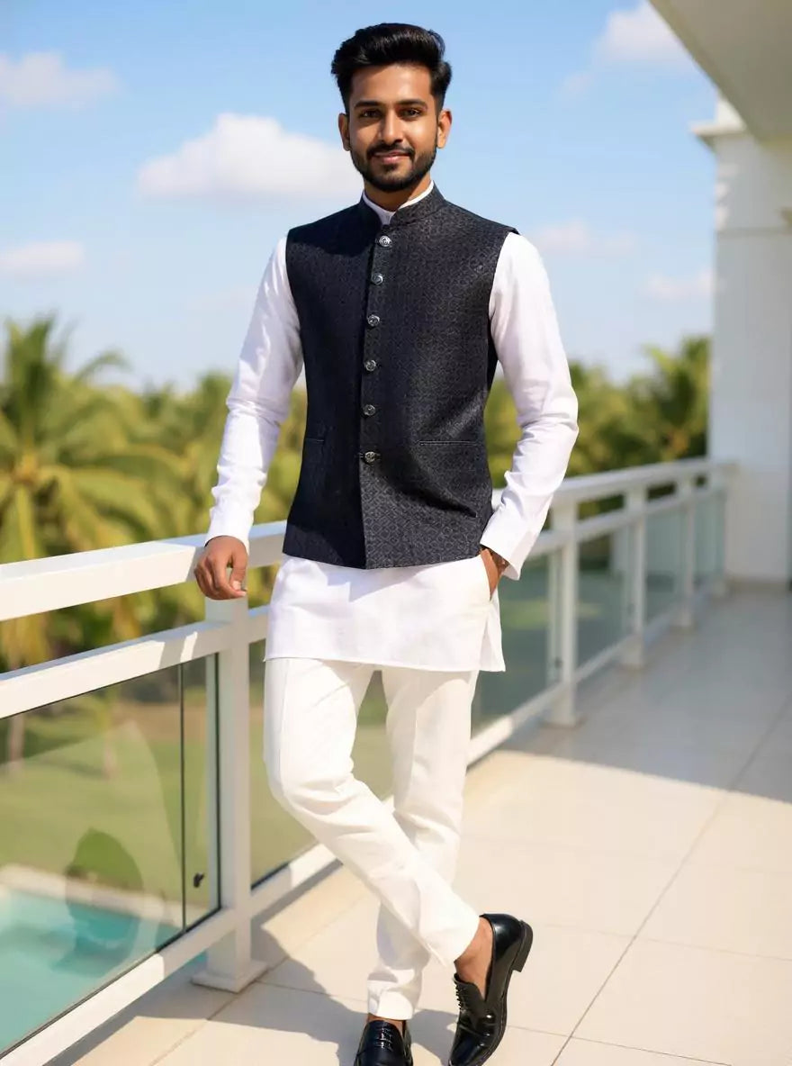 Self Design Dark Grey Embellished Cotton Silk Waistcoat