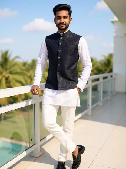 Self Design Dark Grey Embellished Cotton Silk Waistcoat