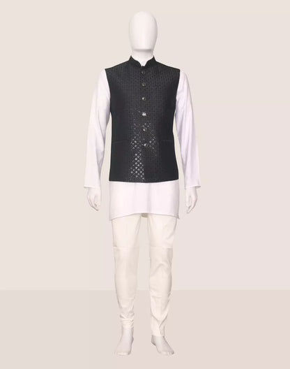 Self Design Dark Grey Embellished Cotton Silk Waistcoat
