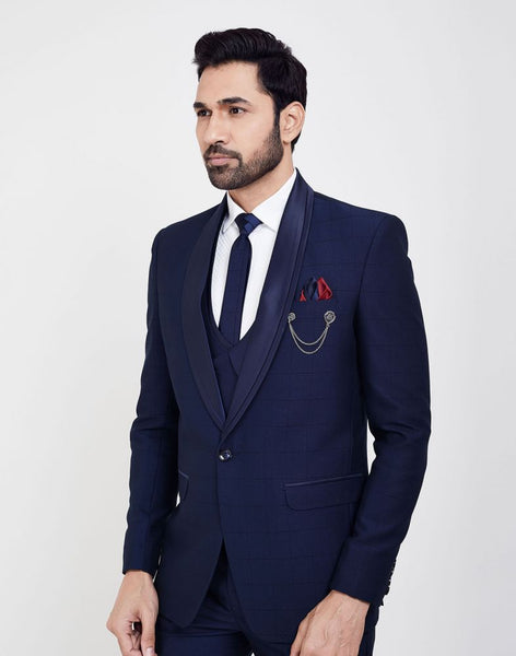 Navy Blue Self Design 5 Pc Tuxido Suit – rsbrothersshop