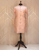 Peach Self Design Weave Jacquard Indo Western Set