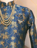 Blue Coloured Floral Raw Silk Indo Western Set