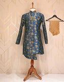 Blue Coloured Floral Raw Silk Indo Western Set