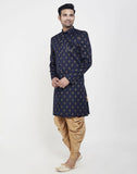 Navy Blue Jacquard Printed Booties Design Indo Western Sherwani