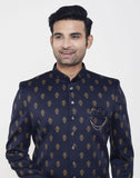 Navy Blue Jacquard Printed Booties Design Indo Western Sherwani