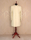 Traditional Light Yellow Geometric Jacquard Thread Work Indo Western Set