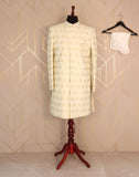 Traditional Light Yellow Geometric Jacquard Thread Work Indo Western Set