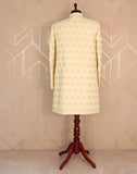 Traditional Light Yellow Geometric Jacquard Thread Work Indo Western Set