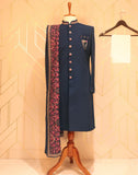 Blue Plain Embroidery Work Polynosic Indo Western Set