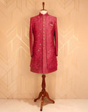 Maroon Raw Silk Indo Western Set With Mirror Work