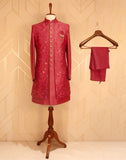 Maroon Raw Silk Indo Western Set With Mirror Work