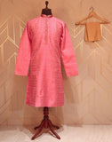 Pink Coloured Geometric Weave Jacquard Kurta Pyjama Set