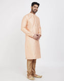 Peach Impressive Thread And Collar Work Kurtha Pajama