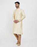 Cream Self Design With Collar Patti Work Style Kurtha Pajama