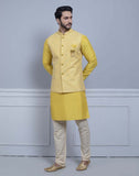 Yellow Self Brocade Design With Soft Silk Kurta Jacket Set