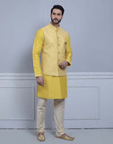 Yellow Self Brocade Design With Soft Silk Kurta Jacket Set