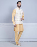 Yellow Self Brocade With Printed Soft Silk Kurta Jacket Set