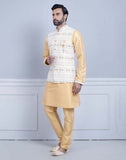 Yellow Self Brocade With Printed Soft Silk Kurta Jacket Set