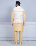 Yellow Self Brocade With Printed Soft Silk Kurta Jacket Set