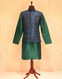 Rama Green And Navy Blue Colour Floral Jacquard Deroyal Kurta And Jacket Set