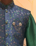 Rama Green And Navy Blue Colour Floral Jacquard Deroyal Kurta And Jacket Set