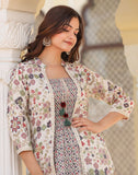 Look Stylish Beige Floral Print Cotton Kurti With Shrug