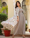 Look Stylish Beige Floral Print Cotton Kurti With Shrug