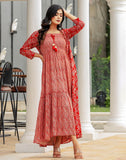 Cherry Red Checkered Mica Print Cotton Silk Kurti With Shrug