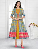 Mustard Ikat Print Cotton Silk Kurti With Shrug