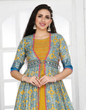 Mustard Ikat Print Cotton Silk Kurti With Shrug