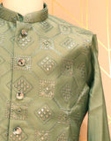 De Royal Imperial Pista Green Raw Silk Kurtha Jacket Set