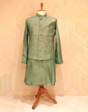 De Royal Imperial Pista Green Raw Silk Kurtha Jacket Set