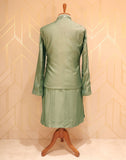 De Royal Imperial Pista Green Raw Silk Kurtha Jacket Set