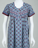 Light Blue Checkered Cotton Printed Women Nighty