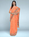 Orange Striped Embellished Work Lenin Jute Saree