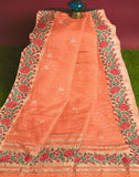 Orange Striped Embellished Work Lenin Jute Saree