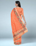 Orange Striped Embellished Work Lenin Jute Saree