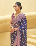 Navy Blue Floral Print Patola Saree